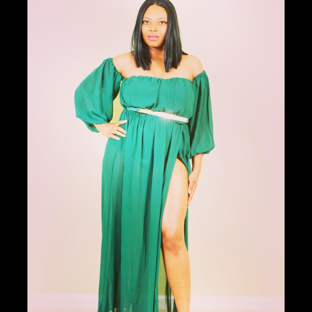 Emerald Green Maxi Dress w/ High Slit, Gold Belt